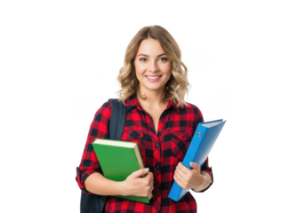 A young woman with curly blonde hair wearing a plaid shirt holds books and a backpack isolated on transparent background