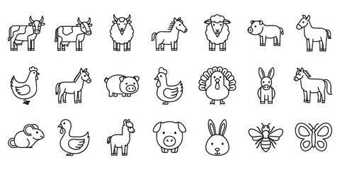 Fototapeta premium Farm animal and insect line icon collection