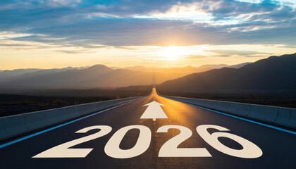 Road stretching to the horizon with the year 2026 symbolizing future goals and business vision under a vibrant sunset sky