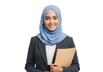 A young professional woman wearing a blue hijab and dark suit jacket holding a file isolated on transparent background