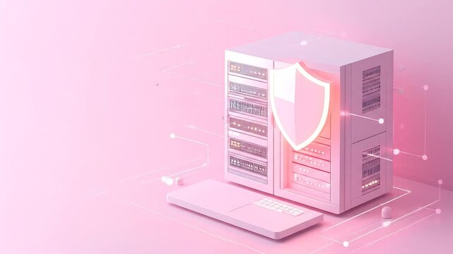 A pink data server, shield graphic, and laptop, emphasizing cybersecurity in a clean, techy style