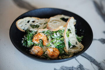 Creamy Shrimp Pasta With Greens and Toasted Bread