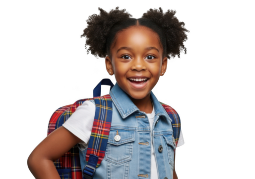 Joyful young black girl with a backpack and denim vest smiling widely ready for adventure isolated on transparent background - Powered by Adobe