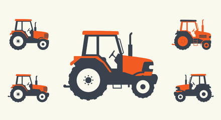 Colorful cartoon illustration of various farm tractors on a neutral background