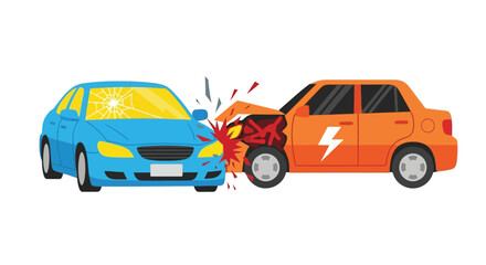 Cartoon illustration depicting a head on collision between a blue and orange car