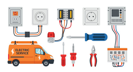 Electrical components tools and service van illustration for power systems © SERINA AKTHER