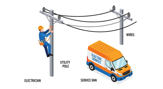 Electrician working on a utility pole near a service van