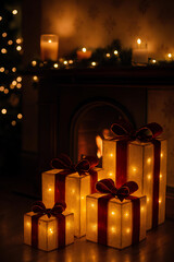 Illuminated Christmas Boxes by Cozy Fireplace