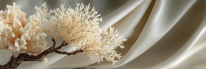 Golden coral sculpture resting on silk fabric with smooth folds and soft studio light for premium interior branding aesthetic.

