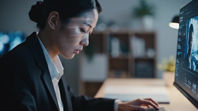 Focused businesswoman working late editing video project in modern office, showcasing dedication and professional work ethic