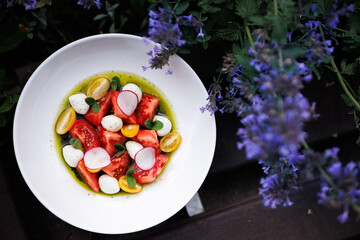 Bright Tomato Burrata Salad With Radish Slices and Olive Oil Drizzle