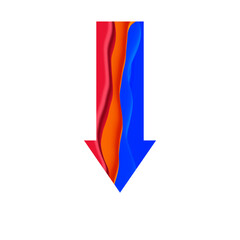 Vibrant fluid waves in red orange and blue forming a downward pointing arrow isolated on transparent background
