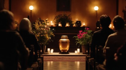 Serene Candlelit Hall During Funeral Service, Featuring Golden Urn Surrounded by Flowers and Candles, Creating a Peaceful Atmosphere for Remembrance