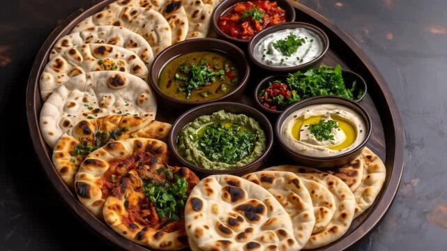 A wooden platter filled with various dips, pita bread, sauces, hummus, and fresh herbs