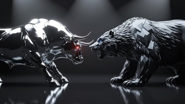 The metallic bull and bear confront each other in a powerful display of financial symbolism, conveying the intensity of market forces in this evocative image.
