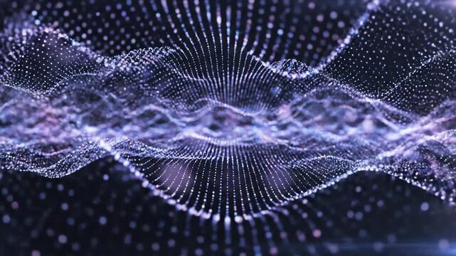 Abstract digital wave pattern with glowing particles in motion background.