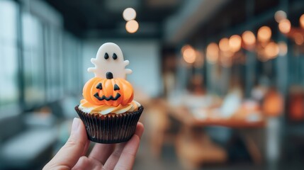 Hand Holding a Halloween Cupcake Decorated with a Ghost and Pumpkin, Perfect for Celebrating the Festive Season with Sweet Treats and Fun Decorations
