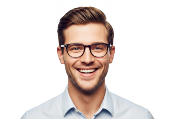 Smiling caucasian man wearing stylish eyeglasses and a light blue collared shirt isolated on transparent background