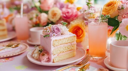 A Delicious Slice of Pink Cake with Floral Decoration, Honey-colored Drink, and Vibrant Floral Arrangement Perfect for Celebrations and Desserts