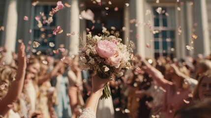 A Beautiful Close-Up Shot of a Bridal Bouquet Being Tossed into the Air Surrounded by Happy Celebrants with Soft Petals Flying Through the Air