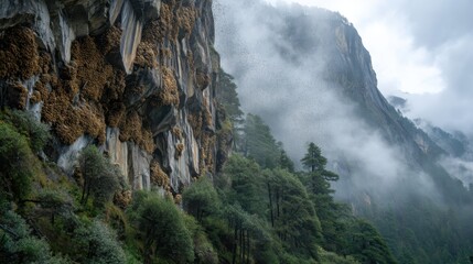 Dramatic Wide Shot of a Majestic Cliff Face Covered in Giant Honey Bee Hives Amidst a Misty Landscape with Lush Greenery and Rugged Mountains in Background