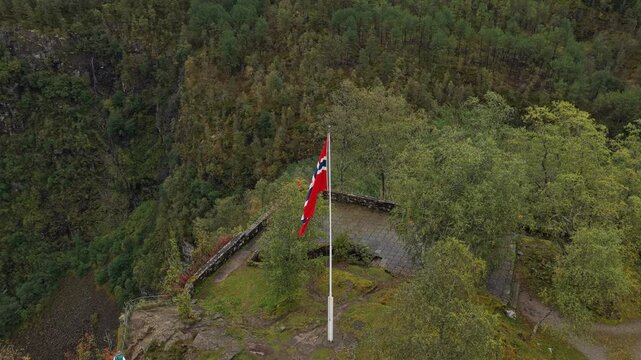 Aerial view of Stalheim pass and Stalheim Hotel with Norway flag flying
