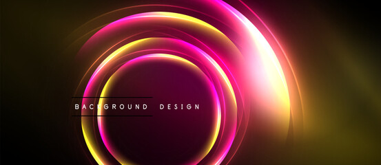 Abstract concentric circles, vibrant pink, yellow hues. Dark background creates dramatic visual effect. Text reads background design.