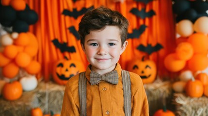 Adorable young boy in festive Halloween costume standing cheerfully in front of a vibrant orange and black backdrop filled with pumpkins and bats for school celebration.