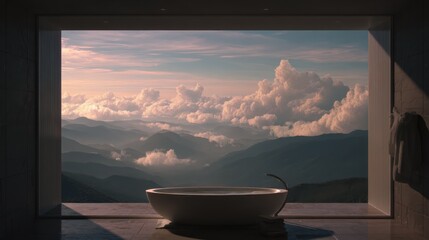 A Serene Bathtub Overlooking Majestic Mountains at Sunset, Fresh Air and Clouds Fill the Space, Perfect for Relaxation and Tranquility