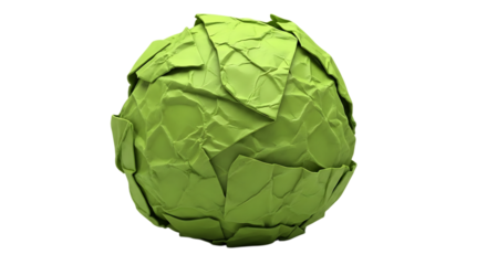 Vibrant green crumpled paper ball texture isolated, creating an abstract and eco-friendly concept isolated on transparent background