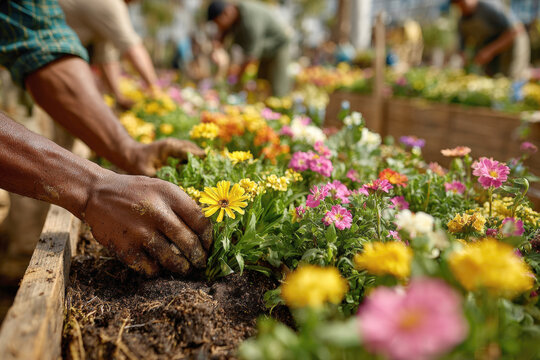 person's hands planting a yellow flower in a raised garden bed, surrounded by colorful blossoms. Focuses on gardening, community work, spring planting, connection to nature with soft, bright daylight.
