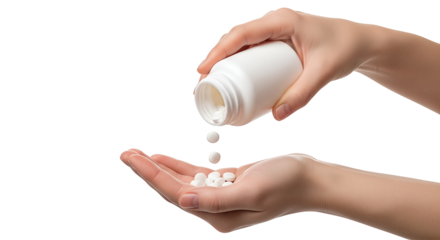 Pills falling from a bottle into a hand medication concept Isolated on transparent background, png