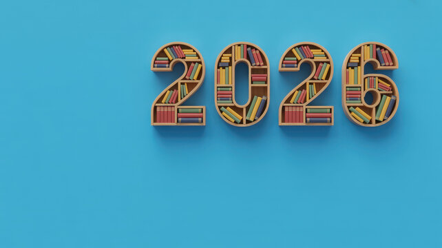 The year 2026 in bookshelf numbers creative design for education and future planning isolated on blue background