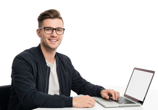 Young man wearing glasses and a dark jacket working on a laptop computer with a bright screen isolated on transparent background