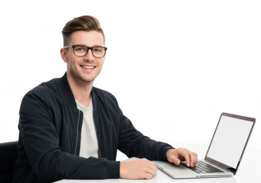 Young man wearing glasses and a dark jacket working on a laptop computer with a bright screen isolated on transparent background - Powered by Adobe