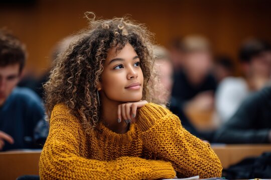 Authentic Portrait of a Pensive Curly Hair Woman in Lecture Hall Environment