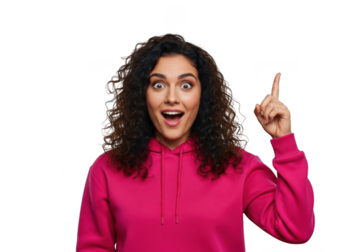 Young woman with curly dark hair expressing surprise and having a brilliant idea pointing upwards isolated on transparent background