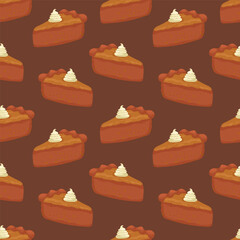 Seamless pattern of pumpkin pie slices with whipped cream on top on a brown background