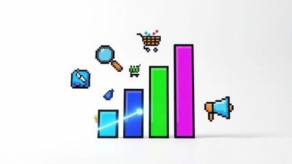 Pixelated Growth: Bar Graph Ascends with Digital Marketing Icons