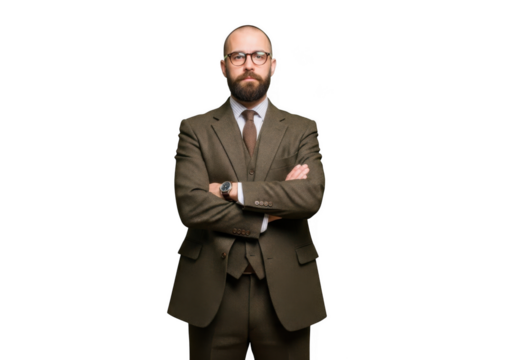 Professional bearded man wearing a tweed suit and glasses with arms crossed isolated on transparent background - Powered by Adobe