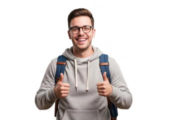 Joyful young man wearing glasses and hoodie holding backpack giving thumbs up gesture isolated on transparent background