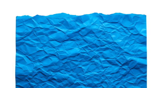 Crumpled blue paper texture with torn top edge, a vibrant and dynamic background element. isolated on transparent background