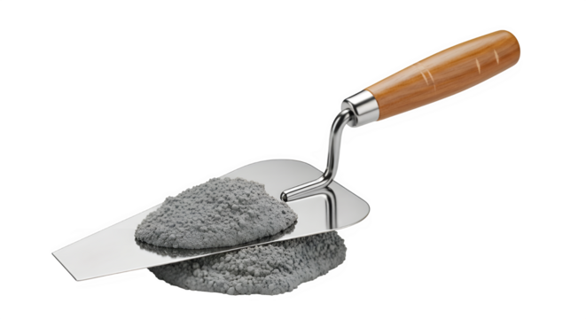 A trowel with mortar is displayed in a studio shot