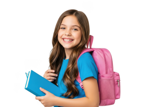 Smiling young girl with long brown hair wearing a blue shirt and carrying a pink backpack holding a blue book isolated on transparent background