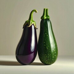Still life of an eggplant and a green zucchini squash
