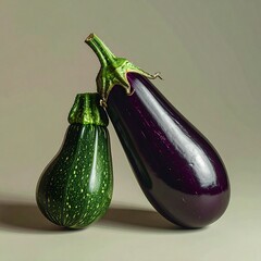 Still life of an eggplant and a green zucchini squash