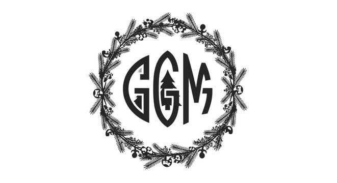 A decorative wreath encircles the letters ggm in a black and white design