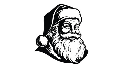 A detailed black and white illustration of santa claus s face and hat