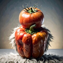 Tomato and bell pepper stacked on furry surface art