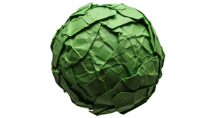 A crumpled green paper sphere isolated with a textured, layered, abstract, organic design. isolated on transparent background